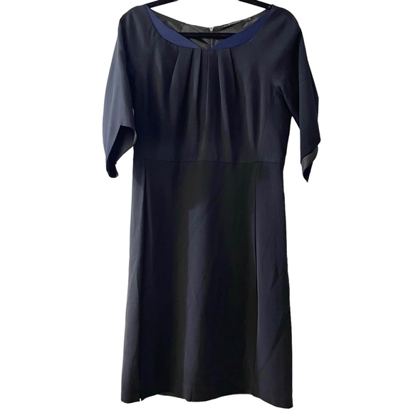 ❤️ Elie Tahari Black Satin Gathered Front Sheath Dress - Picture 2 of 7